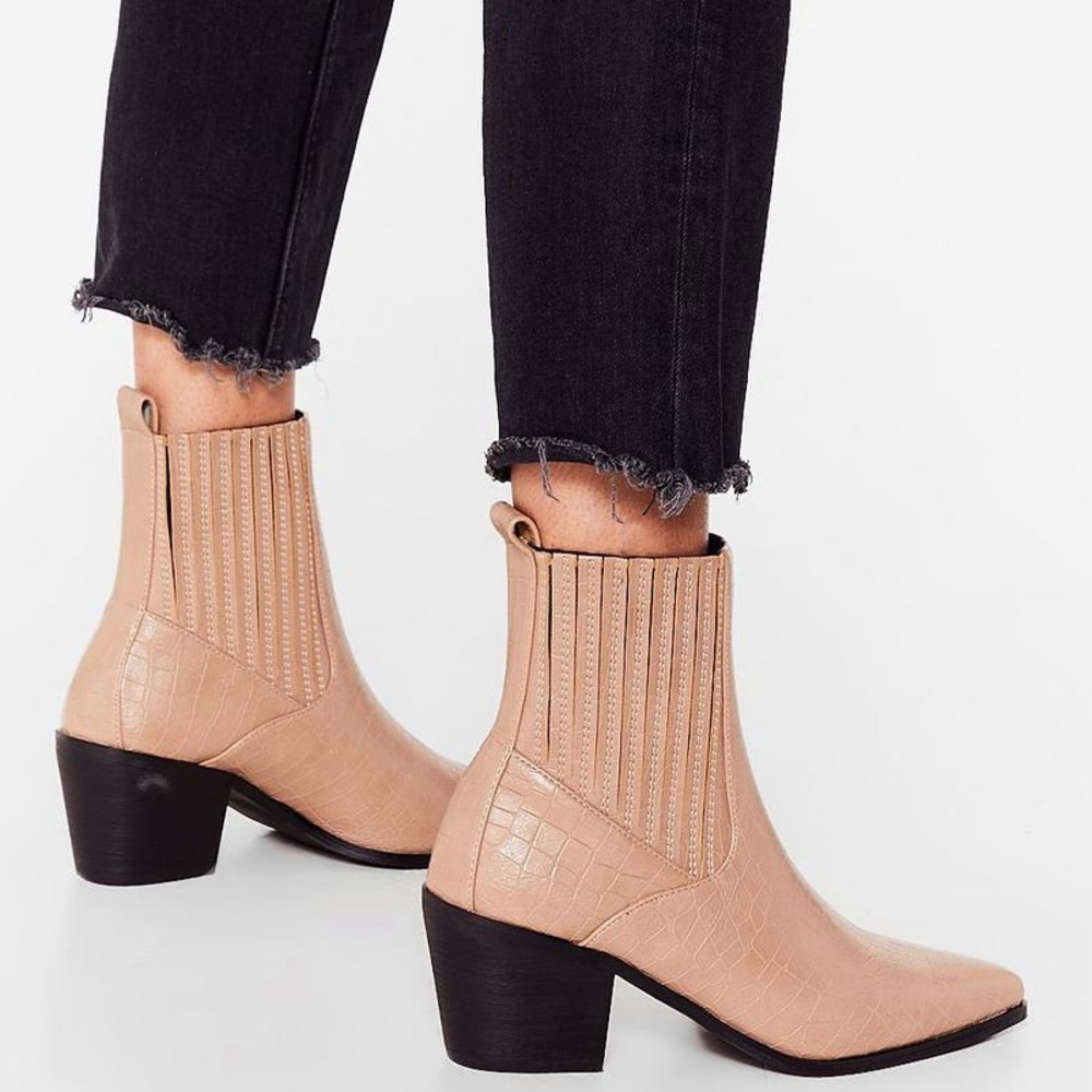 Faux Leather Croc Pointed Ankle Boot